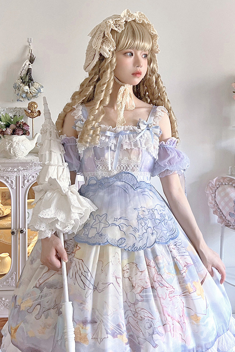 Blue [Walking In The Clouds] Print Ruffle Bowknot Lace Sweet Lolita Jsk Dress Full Set - Product - 7