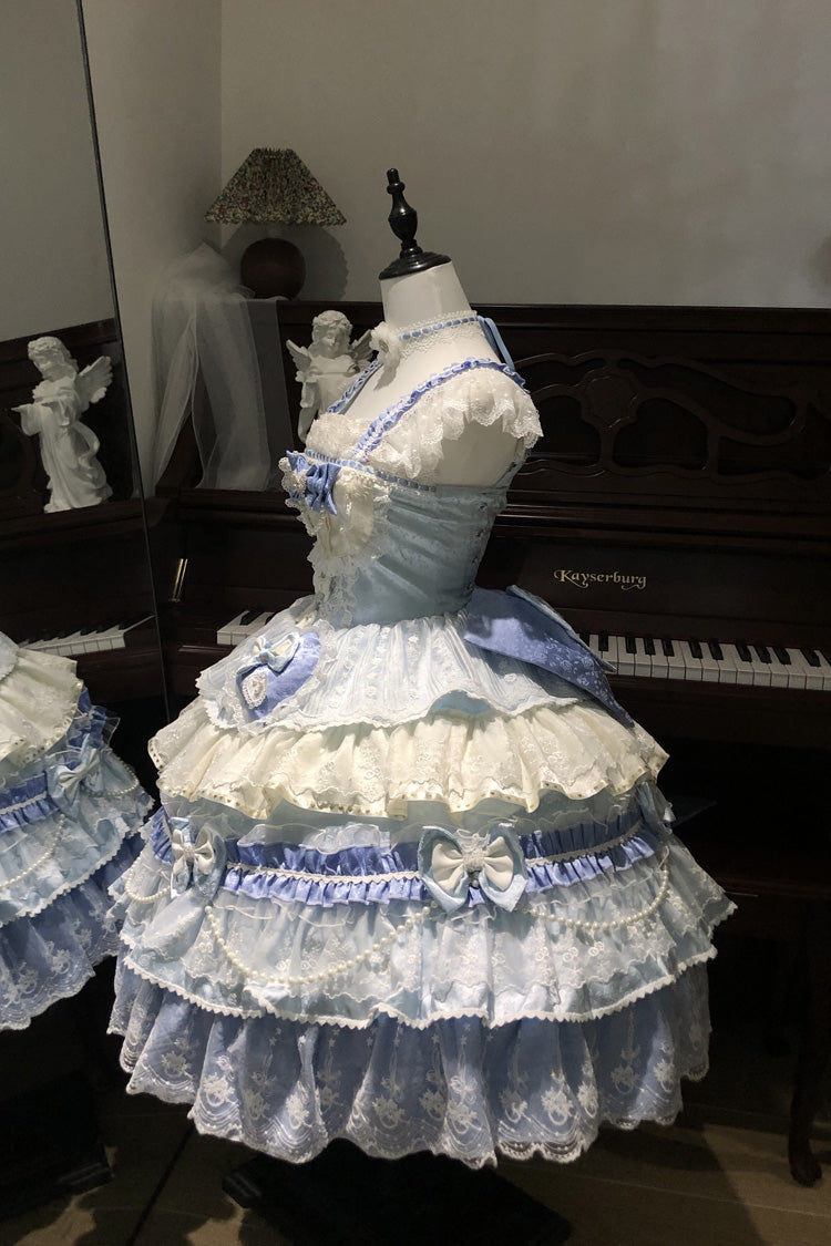 Blue [Falling Sakura] Multi-Layered Ruffled Hanayome Bow Lace Sweet Plus Size Princess Lolita Jsk Dress - Product - 7