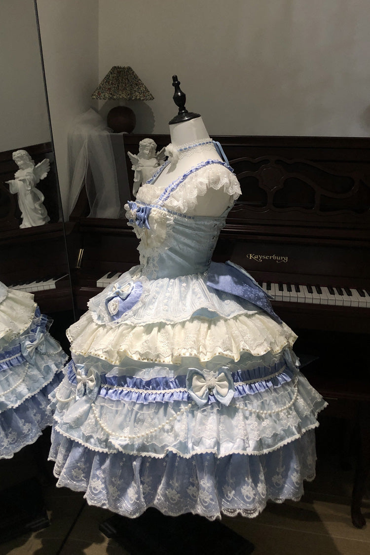 Blue [Falling Sakura] Multi-Layered Ruffled Hanayome Bow Lace Sweet Plus Size Princess Lolita Jsk Dress - Product - 7