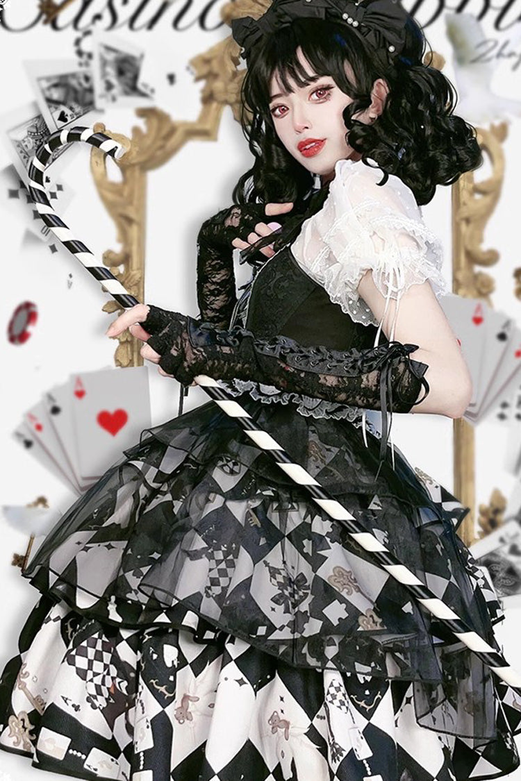 Black/White [Board Games] Triple-Layered Print Ruffle Vintage Lolita Skirt - Product - 11