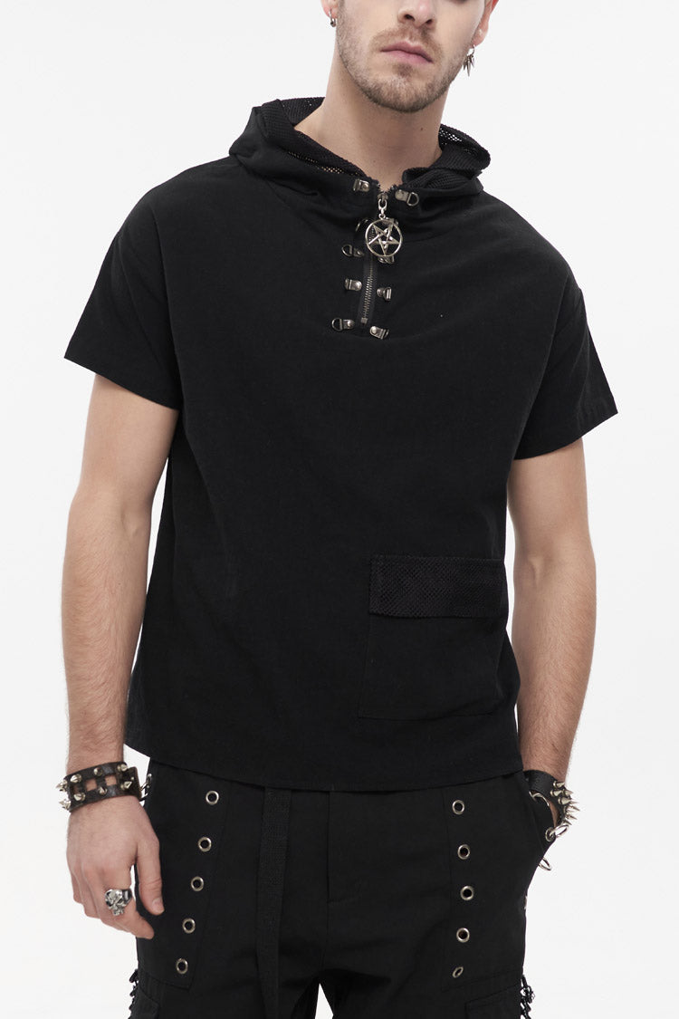 Black Hooded Mesh Splice Zipper Back Openwork Lace-Up Casual Short Sleeve Men's Punk T-Shirt - Black - 1