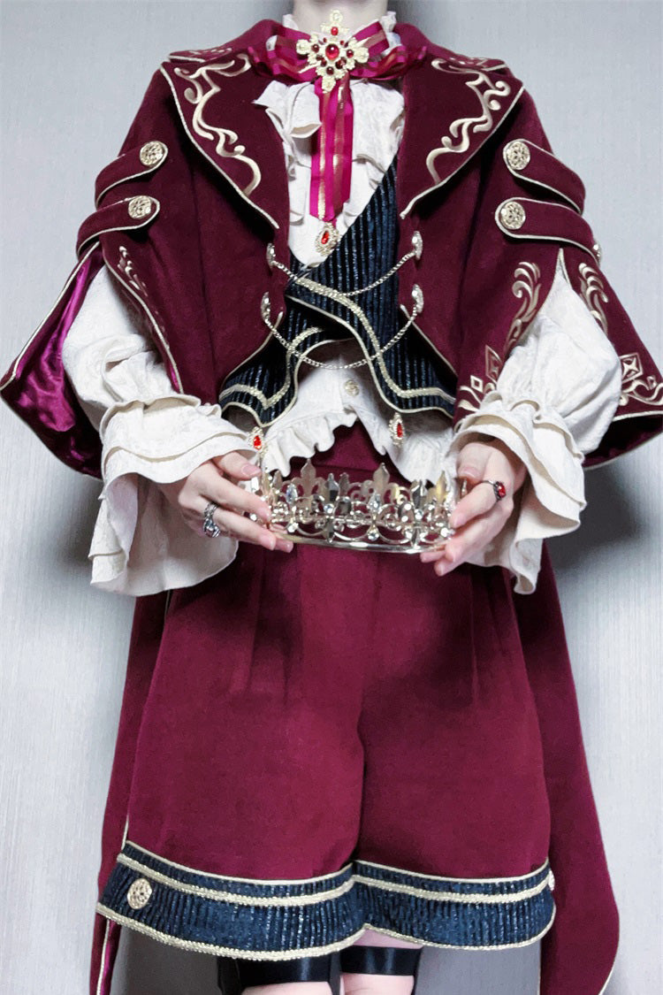 Red [Royal Heir] Embroidery Classic Military Gorgeous Handsome Ouji Lolita Coat Blouse Shorts Set - Product - 12