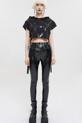 Black Short Front Long Back Stitched Shiny Leather Inverted Pentagram Shape Hoodie Short Sleeve Women's Punk T-Shirt - Product - 6