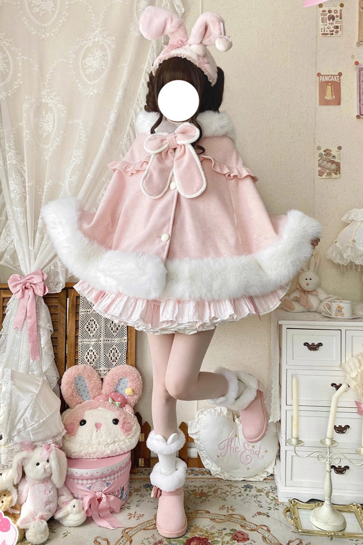 [Woolen Rabbit Ears] Bow Lop-eared Rabbit Sweet Lolita Cloak Coat - Product - 3
