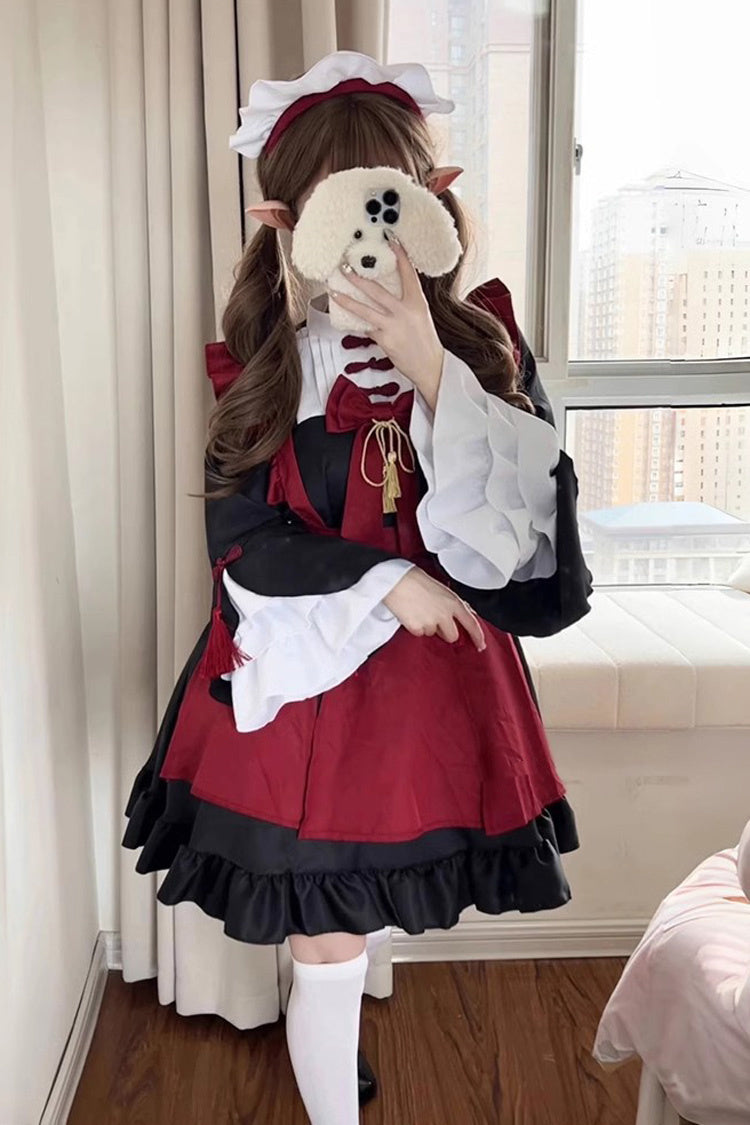 Black/Red Maid Long Trumpet Sleeves Ruffle Bowknot Classic Plus Size Chinese Style Lolita Dress Full Set - Product - 5