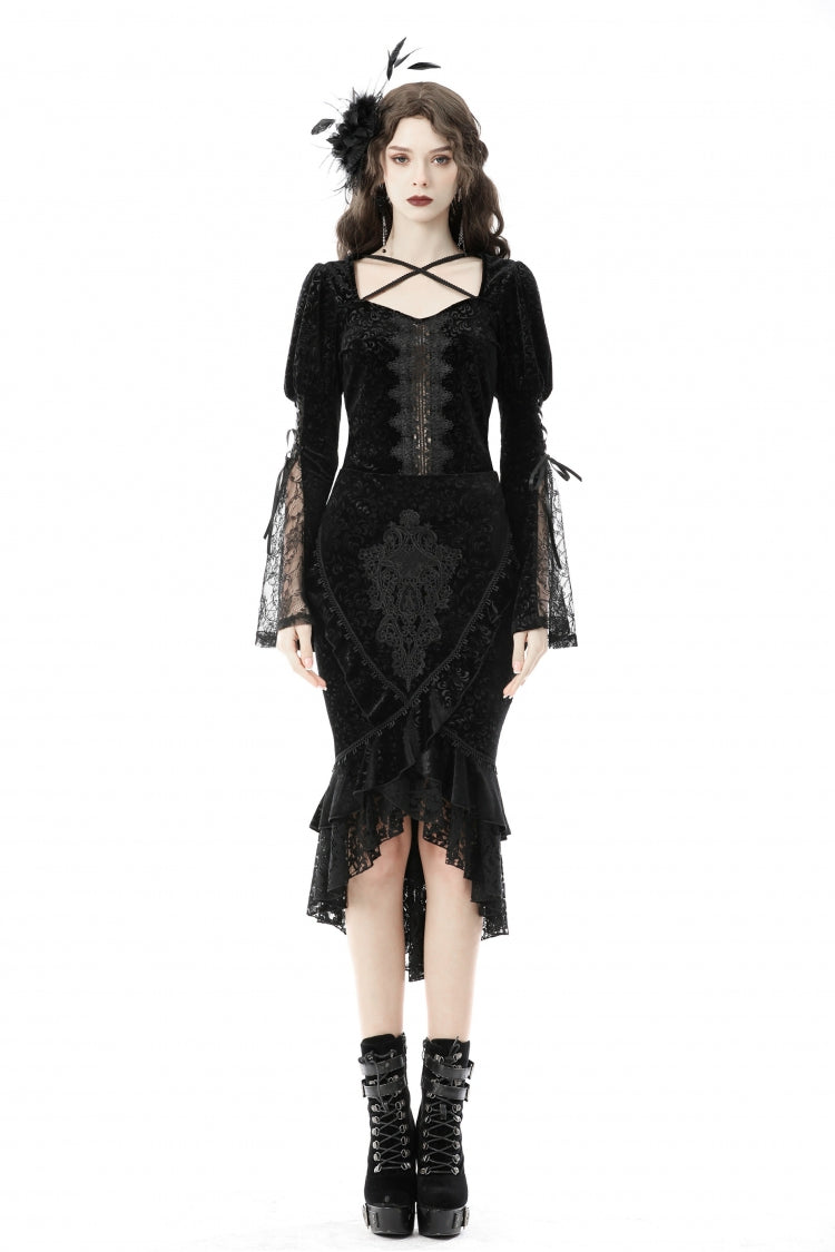 Black Jacquard Lace Lace-Up Women's Gothic Dovetail Wrap Skirt - Product - 8