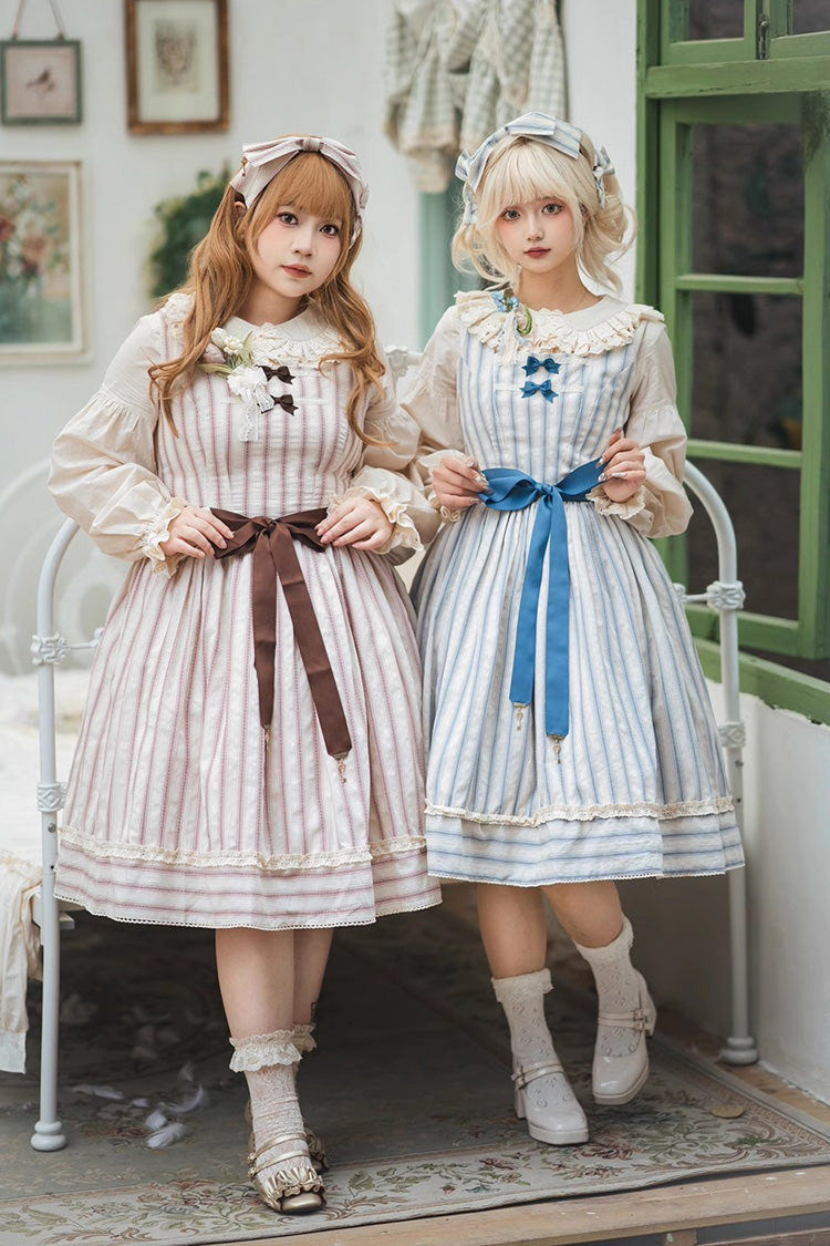 Forest Atlas Striped Print Bowknot Sweet Lolita Jumper Dress 3 Colors - Blue - 1