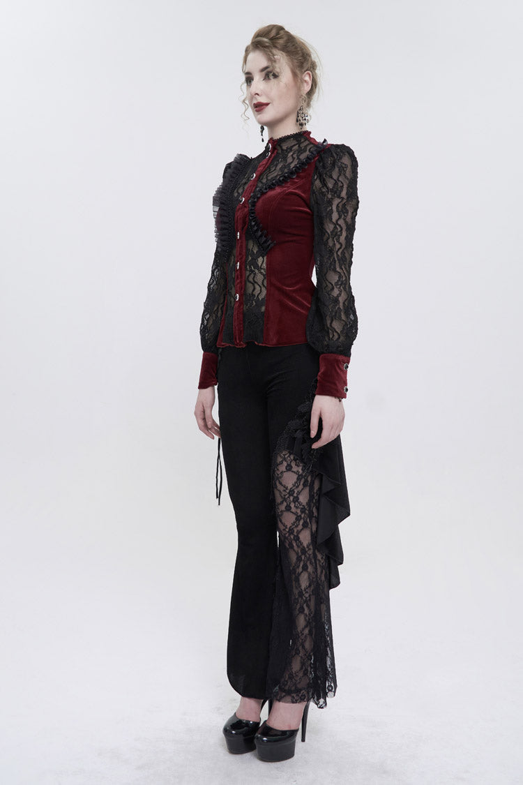 Red Velvet High Neck Lace Fake Bra Design Splicing Three-Dimensional Butterfly Mesh Women's Gothic Shirt - Product - 6