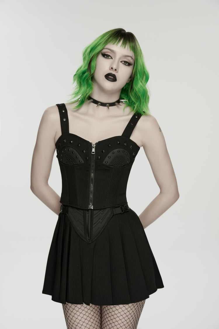 Black Lace-Up Slim Studded Zippered Eyelet Women's Punk Cool Corset - Product - 9