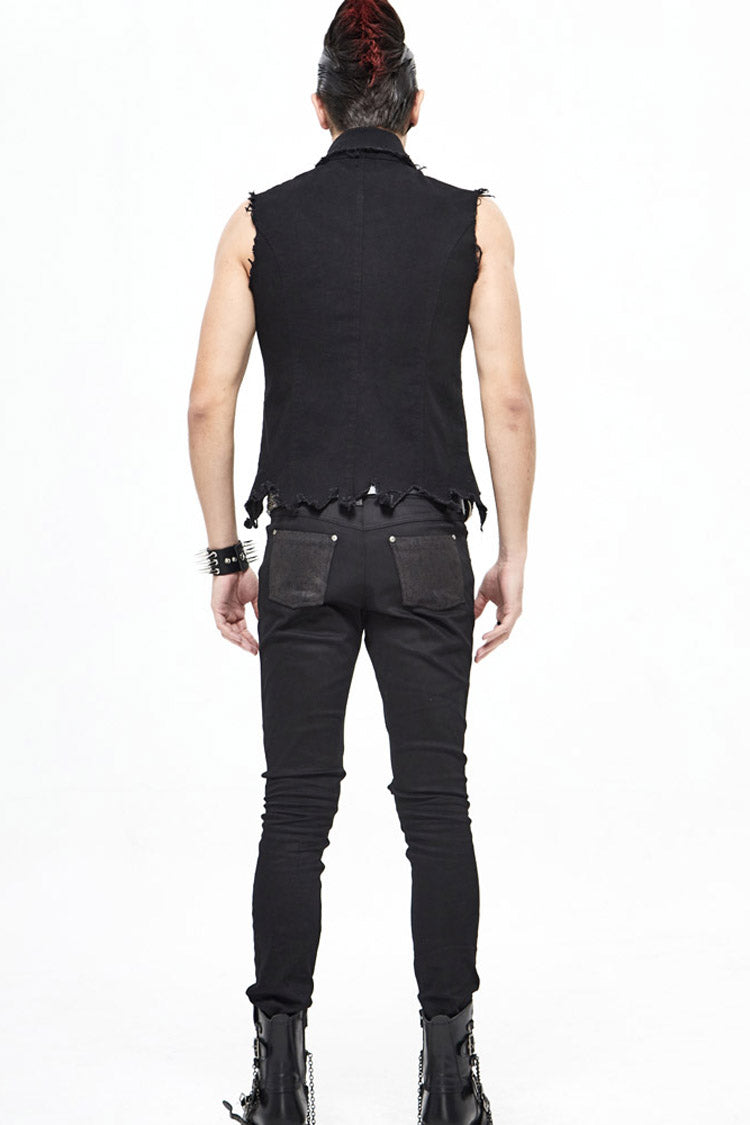 Black Worn Out Twill Mesh Decoration Rough Selvedge Hem Heavy Metal Men's Punk Waistcoat - Product - 11