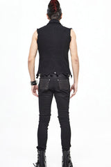 Black Worn Out Twill Mesh Decoration Rough Selvedge Hem Heavy Metal Men's Punk Waistcoat - Product - 11