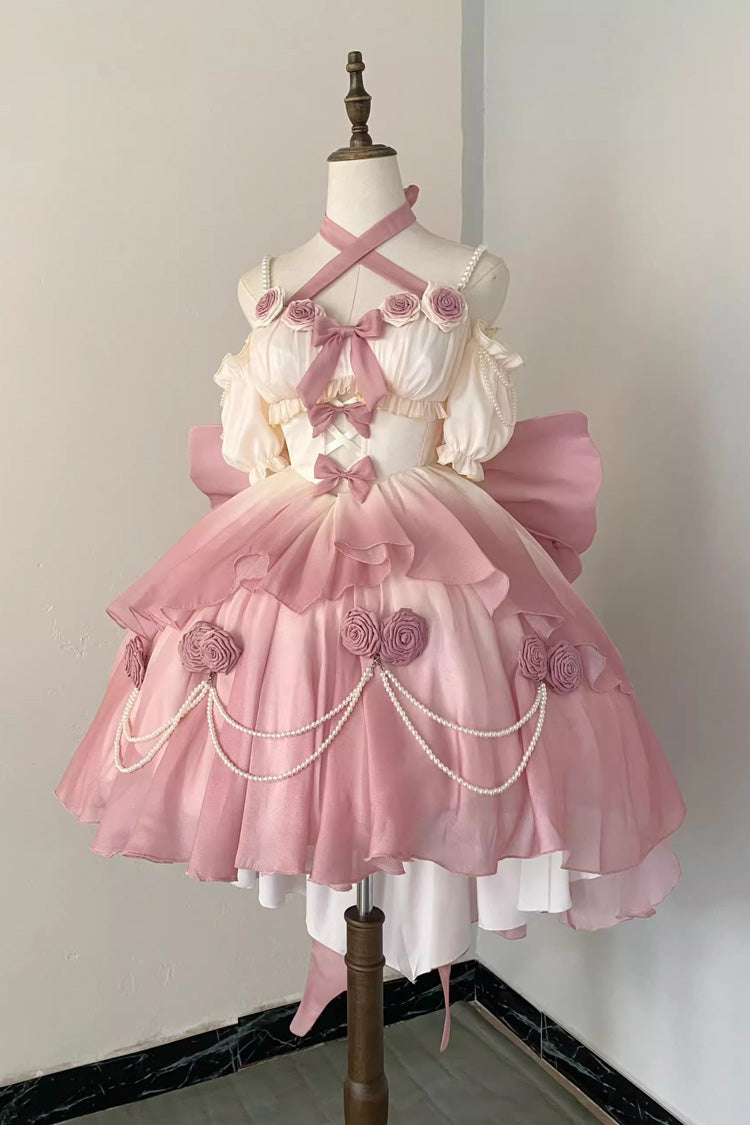 Gradient Pink Hanayome Hollow Bowknot Sweet Princess Lolita Dress - Product - 4