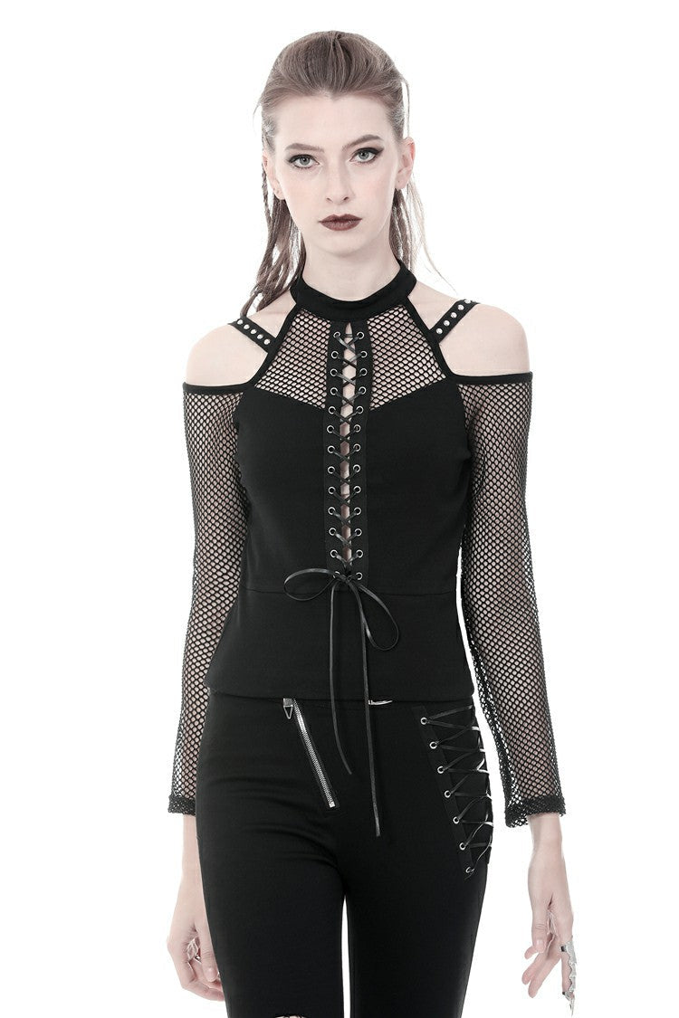 Black Off Shoulder Long Sleeves Lace-Up Mesh Women's Punk Top - Black - 1