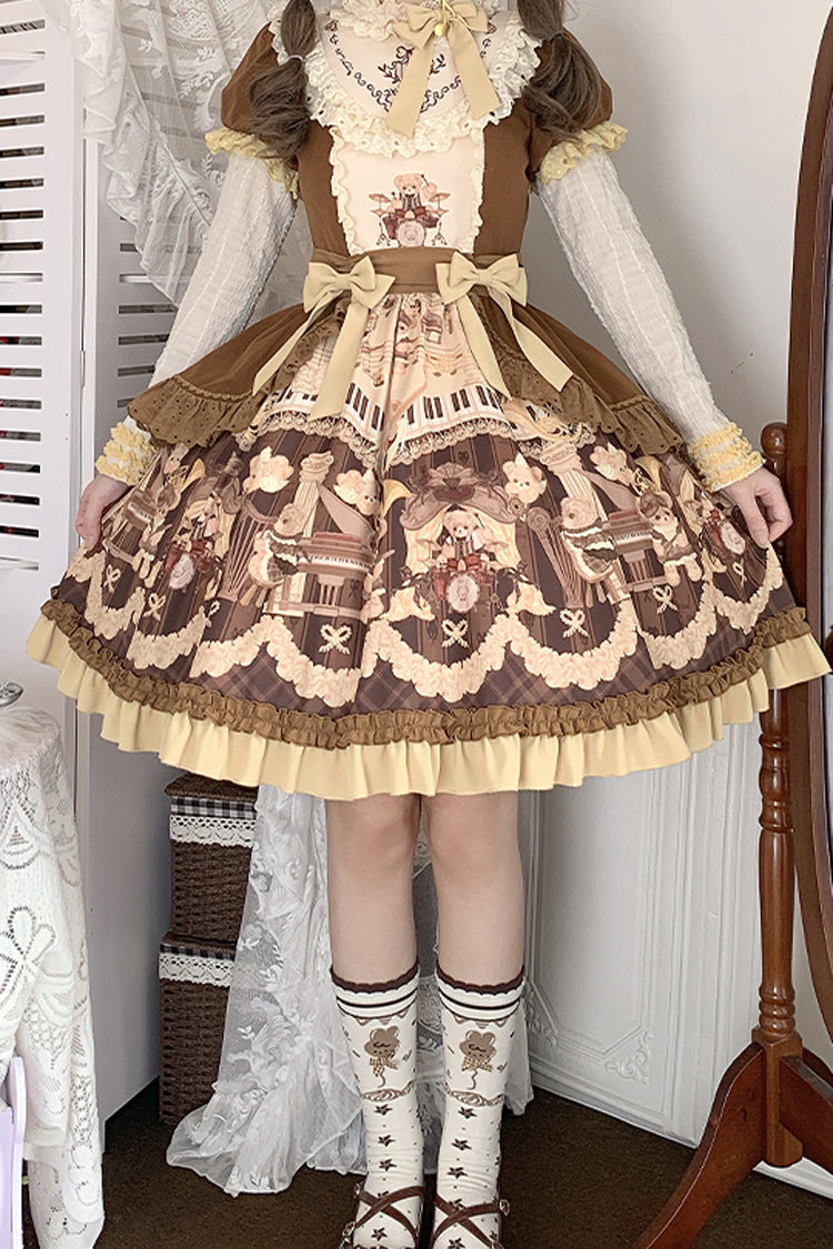 Brown [Little Bear Concerto] Print Ruffle Bowknot Sweet Princess Lolita Dress - Product - 6