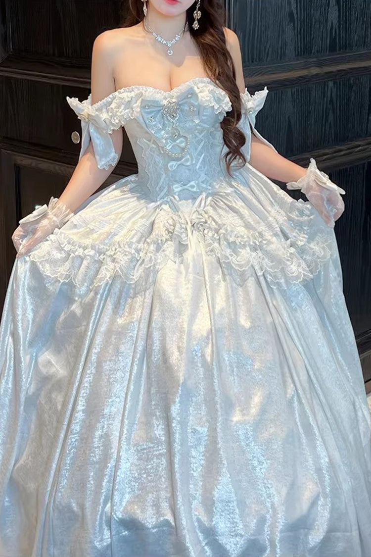 [White Moonlight Lover] Romantic Commemorative Ceremony Sleeveless Ruffled Bow Lace Lace-Up Sweet Elegant Lolita Strapless Dress 3 Colors - Product - 6