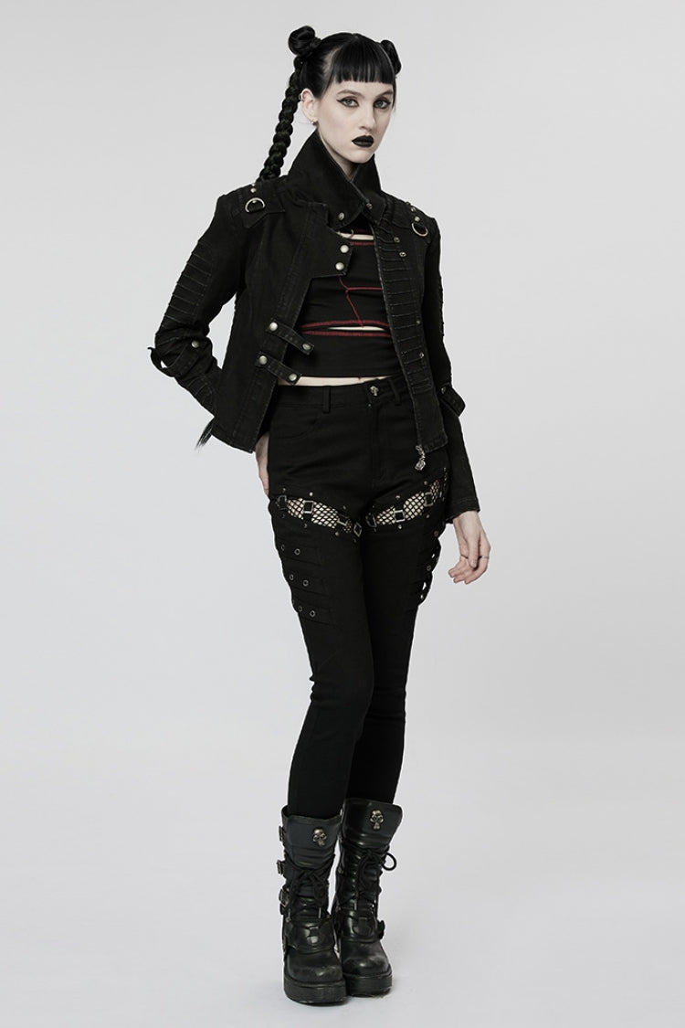 Black Stitching Slim Mesh Buckles Metal Hardware Women's Steampunk Pants - Product - 4