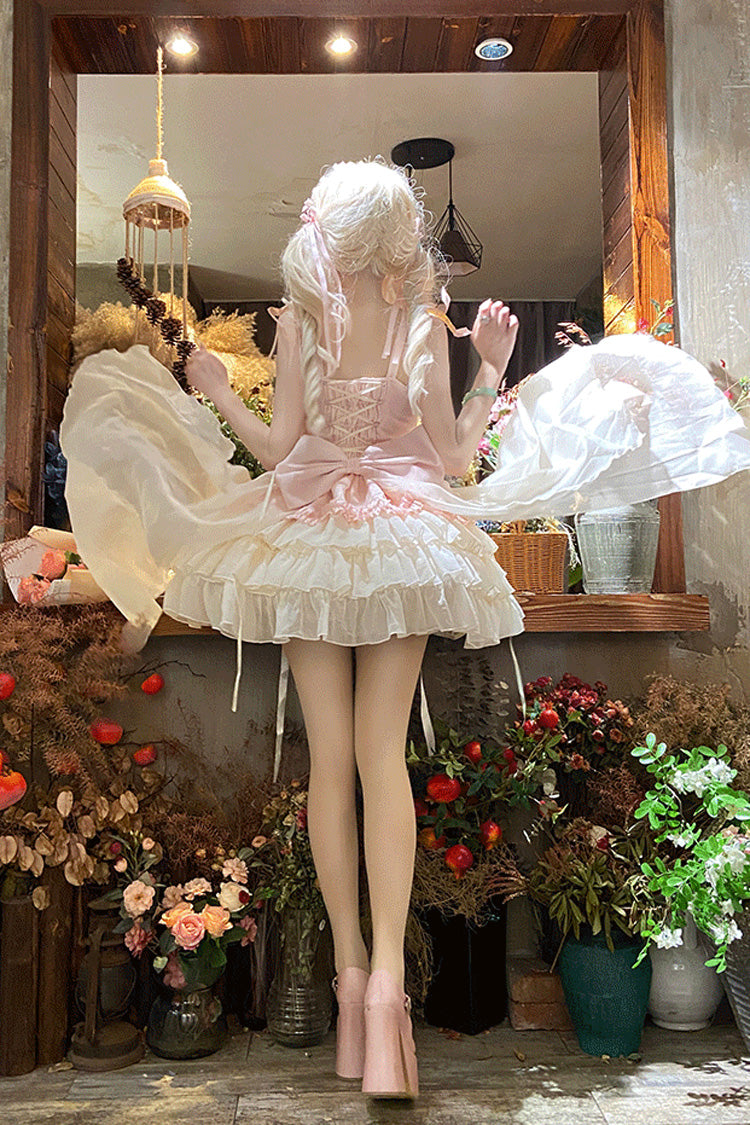 Pink [Dance of Time] Sleeveless Multi-Layered Ruffle Bowknot Lace Sweet Ballet Lolita Jsk Dress - Product - 5