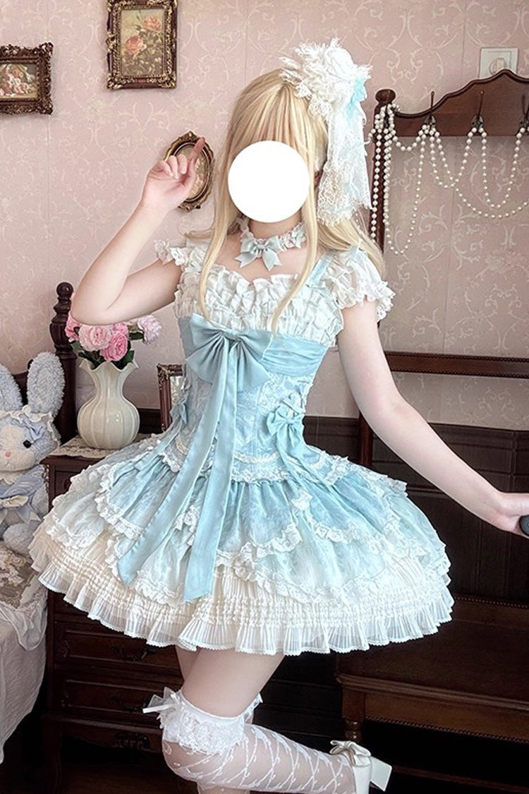 Green [Floral Dream] Short Sleeves Multi-Layered Ruffle Embroidery Bowknot Lace-Up Sweet Elegant Ballet Lolita Jsk Dress - Product - 11