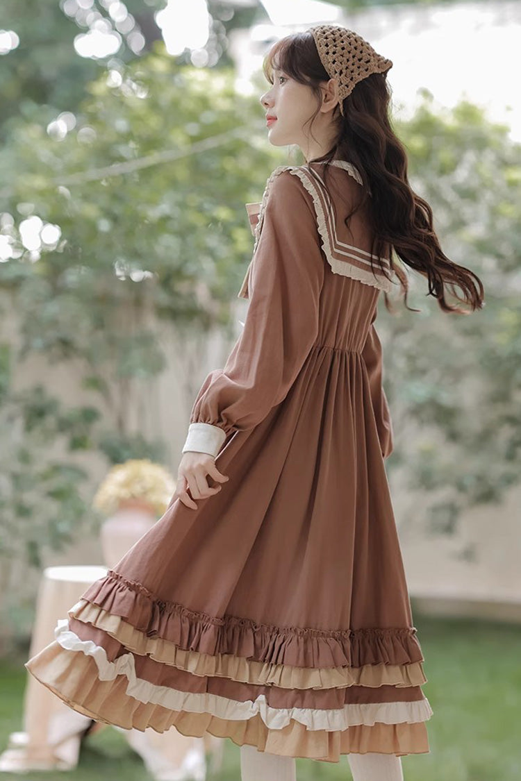 Brown Long Sleeves Multi-layer Ruffle Two Fake Pieces Sweet (Dress Only) detail view 11