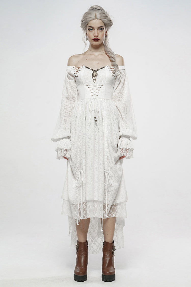 White Off Shoulder Long Puff Sleeves Ruffle Mesh Women's Gothic Dress - White - 1