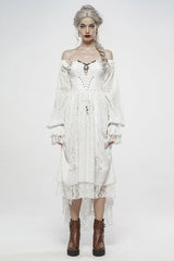 White Off Shoulder Long Puff Sleeves Ruffle Mesh Women's Gothic Dress - White - 1