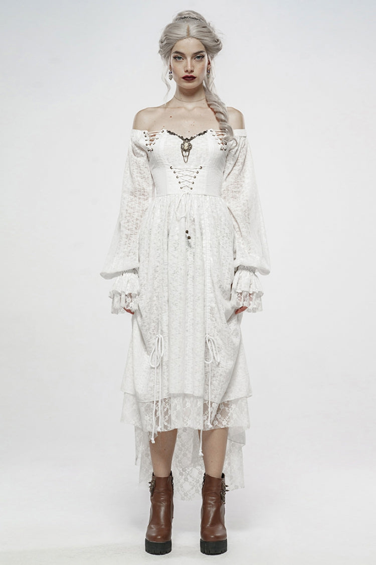 White Off Shoulder Long Puff Sleeves Ruffle Mesh Women's Gothic Dress - White - 1