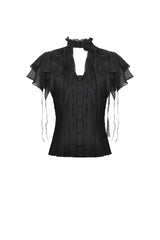 Black Stand Collar Ruffled Short Sleeves Lace Spliced Women's Gothic Blouse - Product - 3