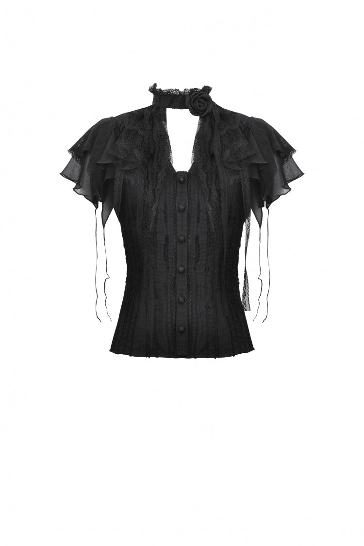 Black Stand Collar Ruffled Short Sleeves Lace Spliced Women's Gothic Blouse - Product - 3