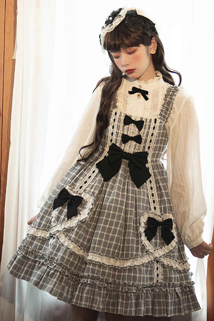 Black/White High Waist Bowknot Ruffled Plaid Sweet Lolita JSK Dress - Product - 6