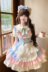 Blue/Pink [Cream Puffs] Short Puff Sleeves Triple-Layered Ruffle Bowknot Sweet Lolita Dress - Product - 2