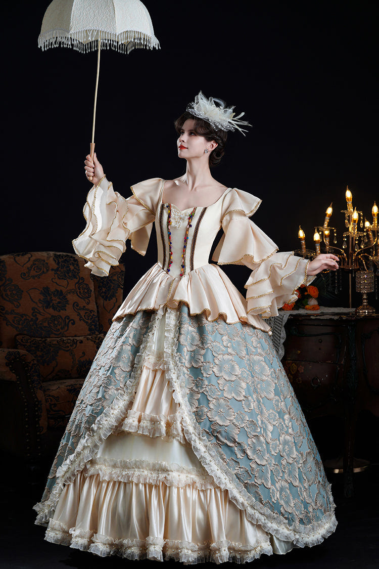 Blue/Champagne Half Trumpet Sleeves Ruffle Embroidery Cardigan Lace Classic Princess Palace Lolita Victorian Dress - Product - 5