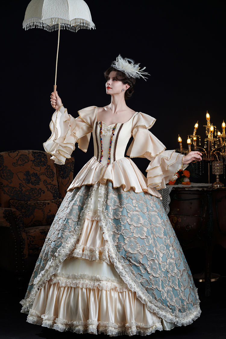 Blue/Champagne Half Trumpet Sleeves Ruffle Embroidery Cardigan Lace Classic Princess Palace Lolita Victorian Dress - Product - 5