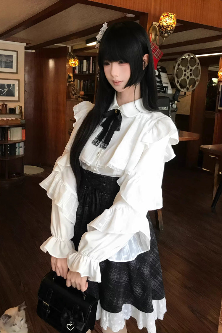 Black/White Long Sleeves Plaid Printed Lace Lace-Up Sweet Jirai Kei Skirt Set - Product - 13