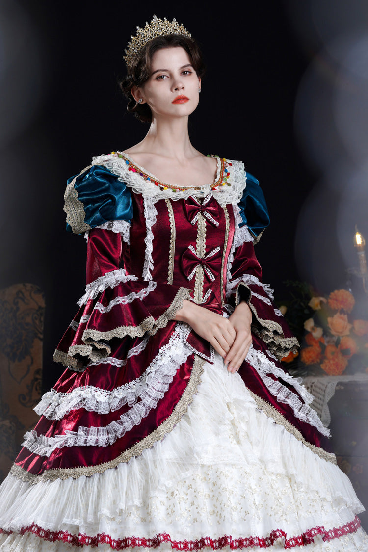 Wine/Ivory Round Collar Long Hime Sleeves Triple-Layered Ruffled Open-Front Bow Lace Classic Vintage Palace Lolita Victorian Dress - Product - 2