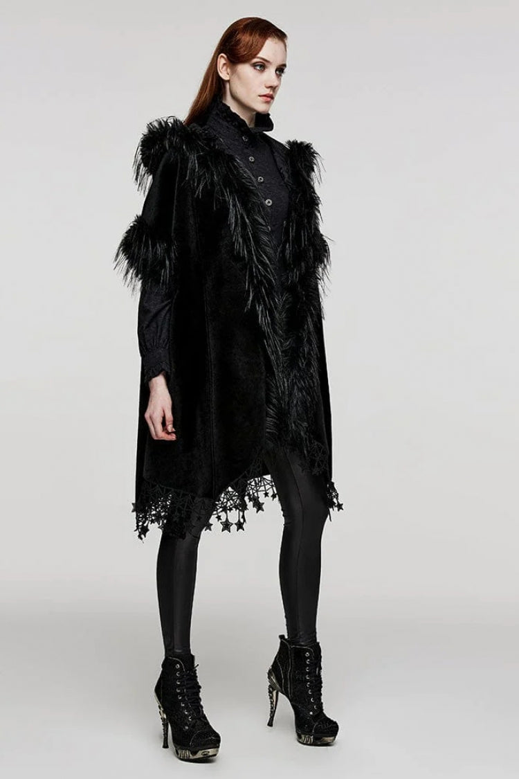 Black Bat Sleeves Tassel Faux Fur Stitching Lace Hooded Womens Gothic Elegant Cloak - Product - 4