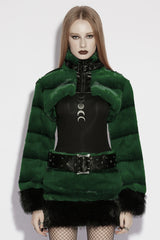Green Stand Collar Long Sleeves Buckle Straps Faux Fur Women's Punk Short Cloak - Green - 1