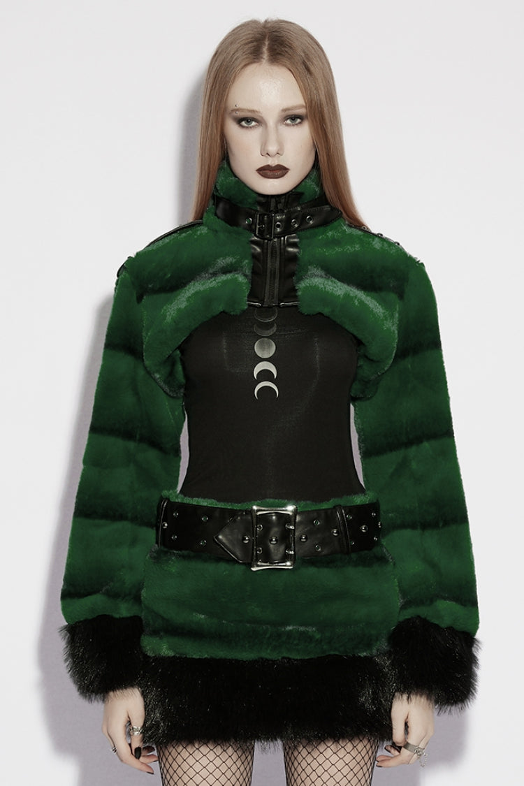 Green Stand Collar Long Sleeves Buckle Straps Faux Fur Women's Punk Short Cloak - Green - 1