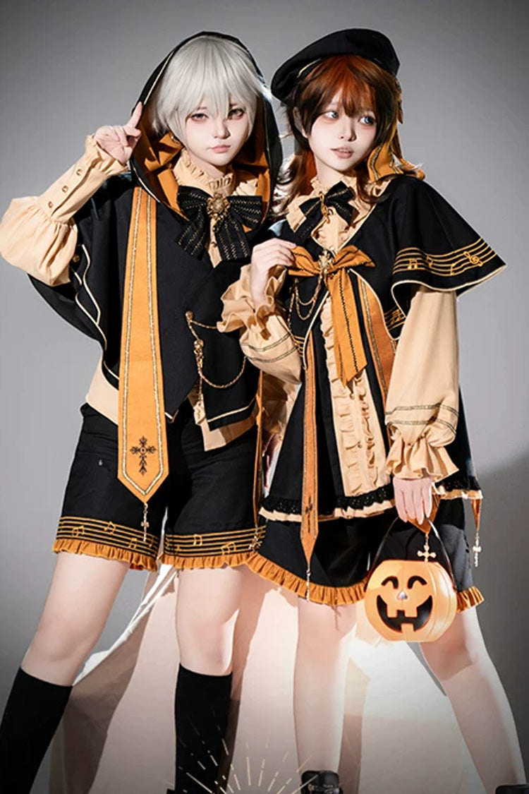 Black/Orange [The Choir Of The Church] Stand Collar Long Sleeves Bow Chain-Decorated Ouji Gothic Prince Lolita Pumpkin Shorts Set - Product - 8