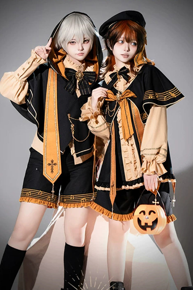 Black/Orange [The Choir Of The Church] Stand Collar Long Sleeves Bow Chain-Decorated Ouji Gothic Prince Lolita Pumpkin Shorts Set - Product - 8