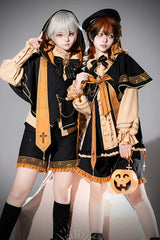 Black/Orange [The Choir Of The Church] Stand Collar Long Sleeves Bow Chain-Decorated Ouji Gothic Prince Lolita Pumpkin Shorts Set - Product - 8