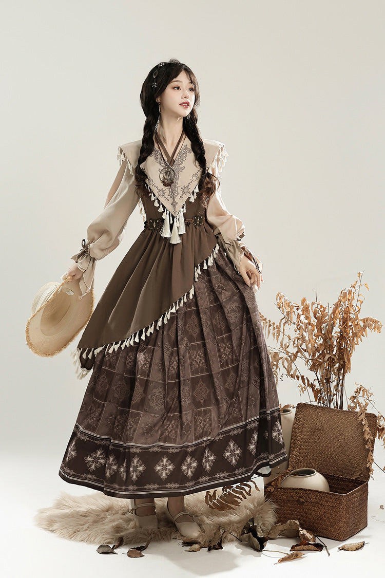 Brown [Mysterious Tribe] Long Lantern Sleeves Print Ruffle Asymmetric Sweet Chinese Style Lolita Dress - Product - 9