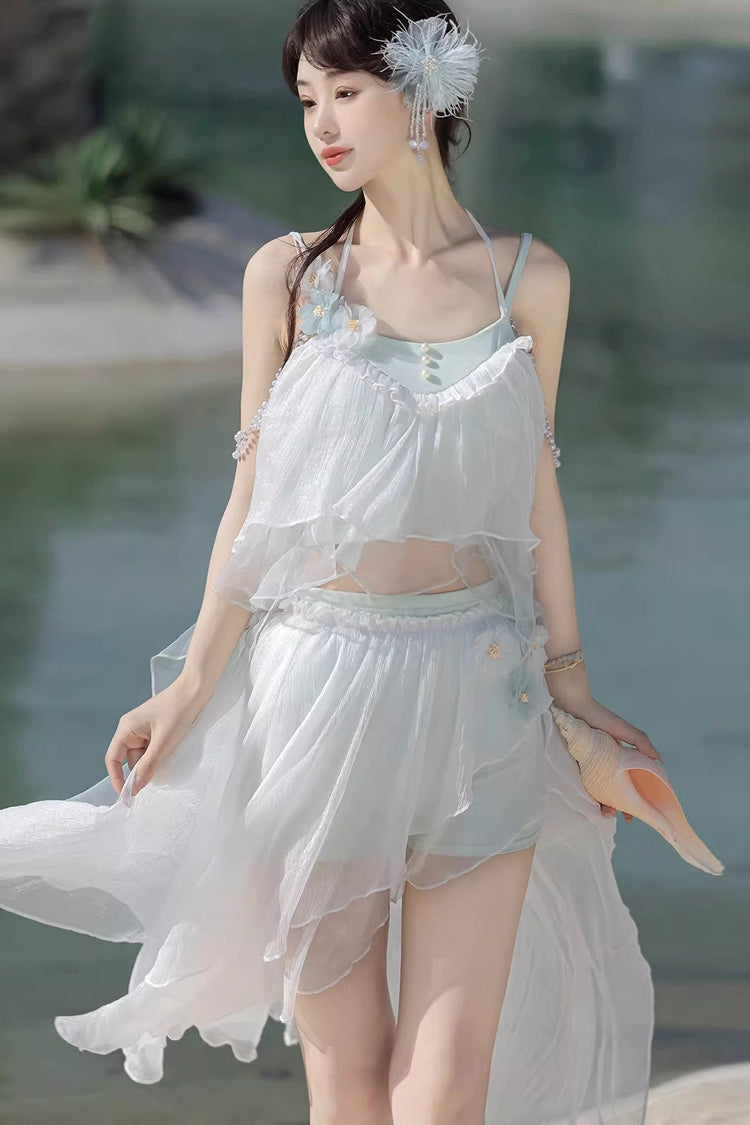 White Sleeveless Summer Beach Women's Lace Sweet Lolita Three-Piece Swimsuit Set - Product - 8