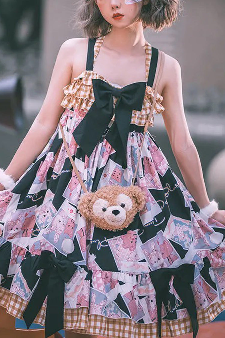 Detachable Shoulder Strap & Bowknot Print Stitching Ruffled Sweet Lolita Jsk Dress - Black - 1