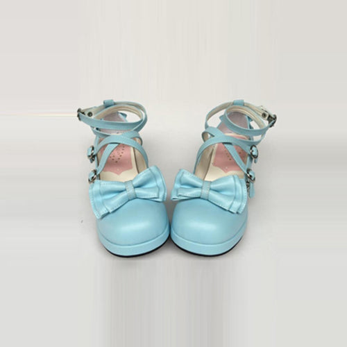 Blue Bowknot Circular Buckle Sweet Lolita Shoes - Product - 3