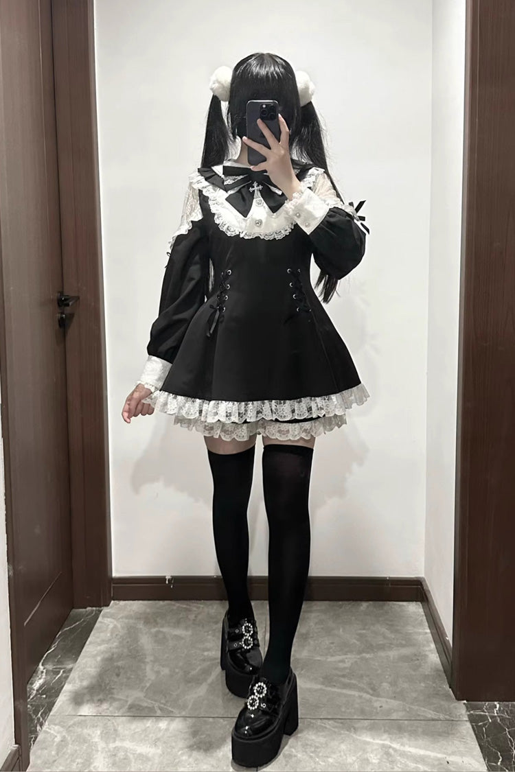 Black/White [Divine love] Long Sleeves Hollow Bowknot Lace Lace-Up Sweet Jirai Kei Dress Shorts Set - Product - 9
