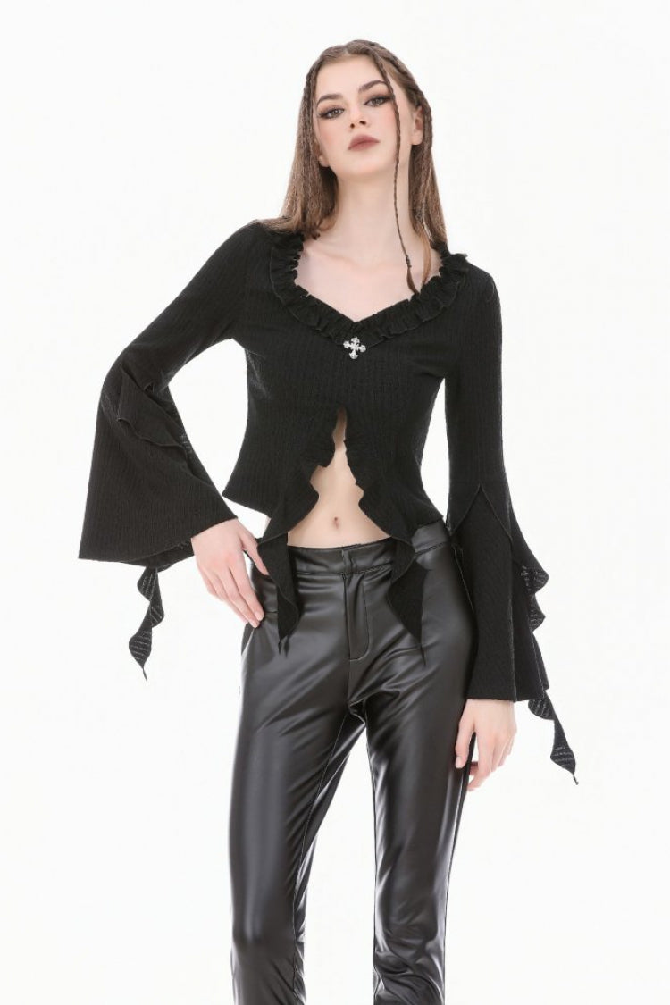 Black Cross Ruffled V Collar Irregular Split Long Trumpet Sleeves Women's Gothic Crop Top with Streamer - Product - 2