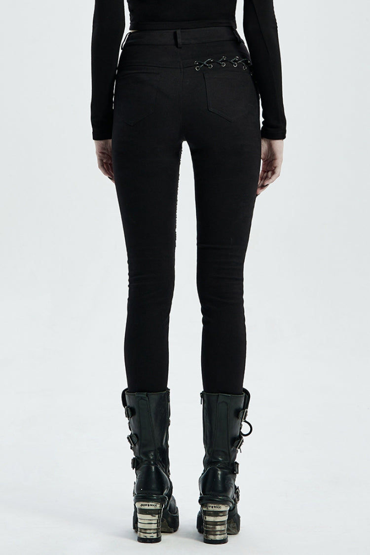 Buttonhole Drawstring Stitching Lace-Up Mesh Women's Steampunk Skinny Jeans Pants 2 Colors - Product - 3