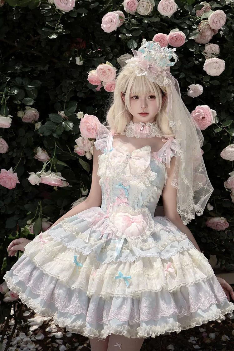 Bkue/Pink [Cloudwhale Dreamweaver] Square Collar Multi-Layered Ruffled Bow Lace Sweet Lolita Jsk Dress - Product - 7