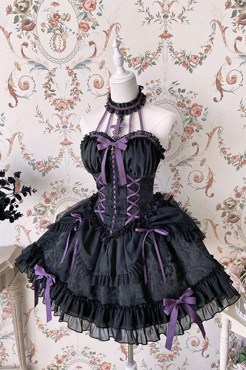 Black Purple Tube Top Sleeveless Blowknot Ruffled Gothic Lolita Tiered Dress - Product - 9