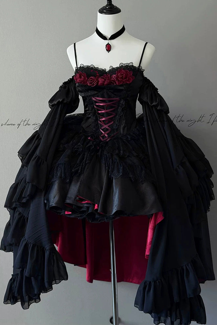 Black/Red [Blood Feast] Halloween Off Shoulder Jacquard Ruffled Lace-Up Gothic Elegant Lolita Jsk Dress - Product - 6